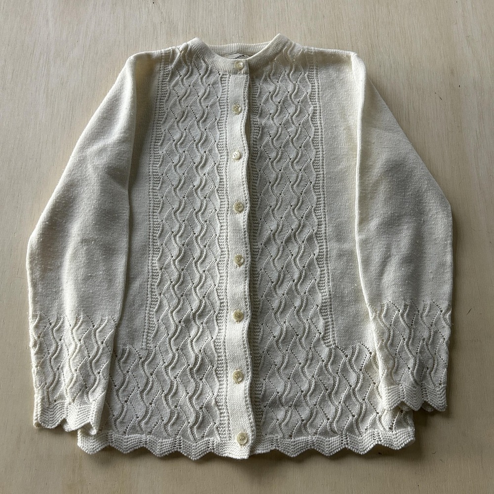 Vintage It's Pure Gould Cardigan Sweater Womens Medium White Crew Neck Open-Knit